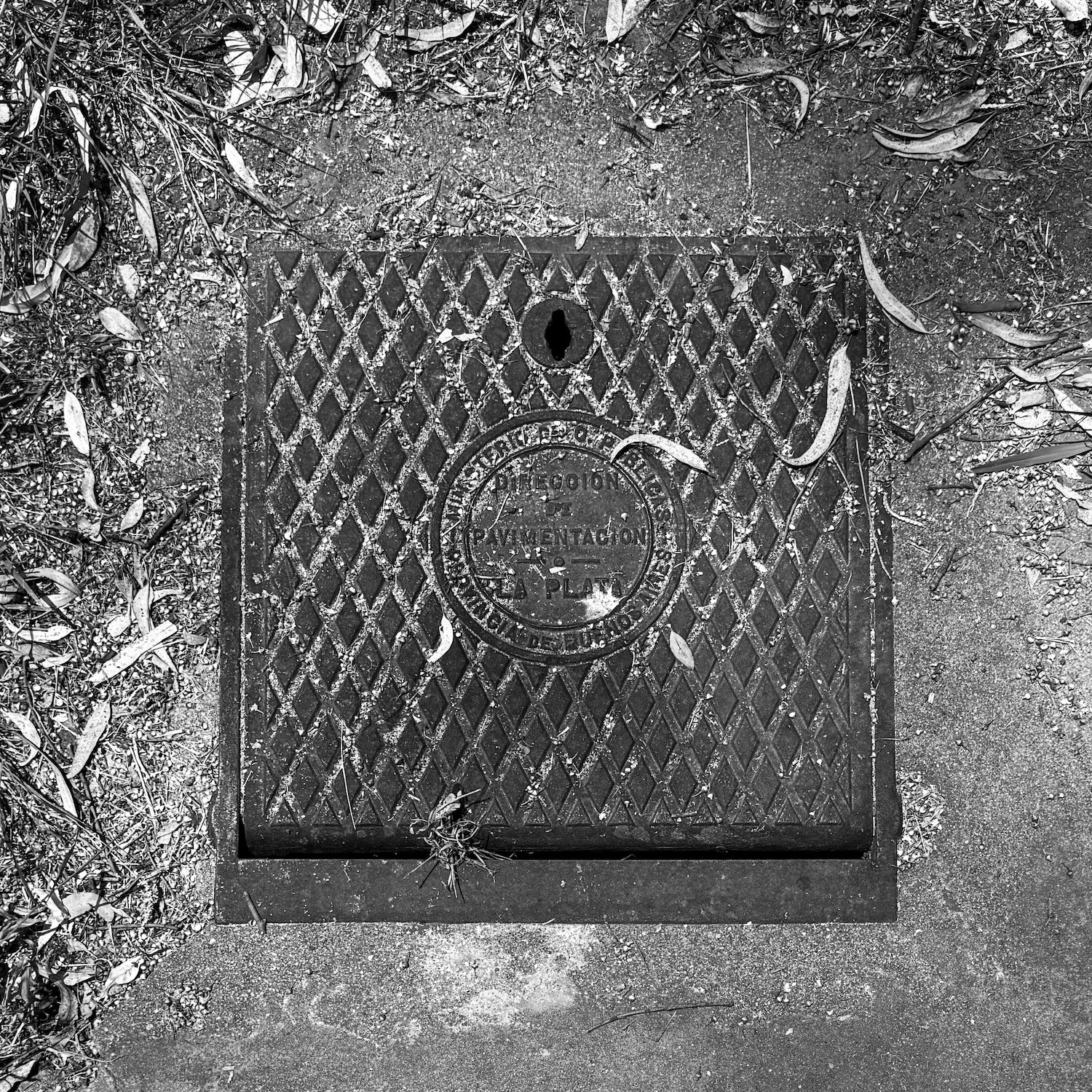 black and white image of a utility cover