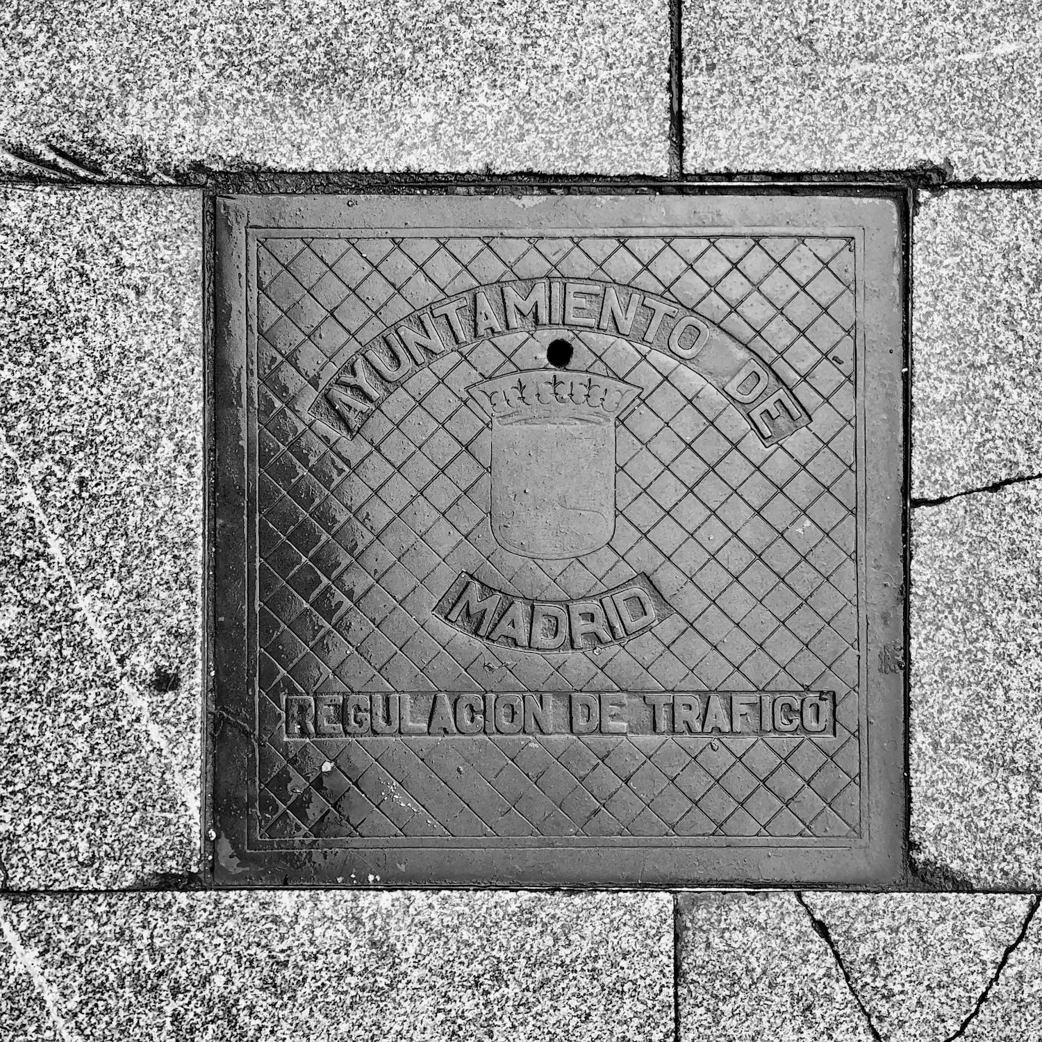 black and white image of a utility cover