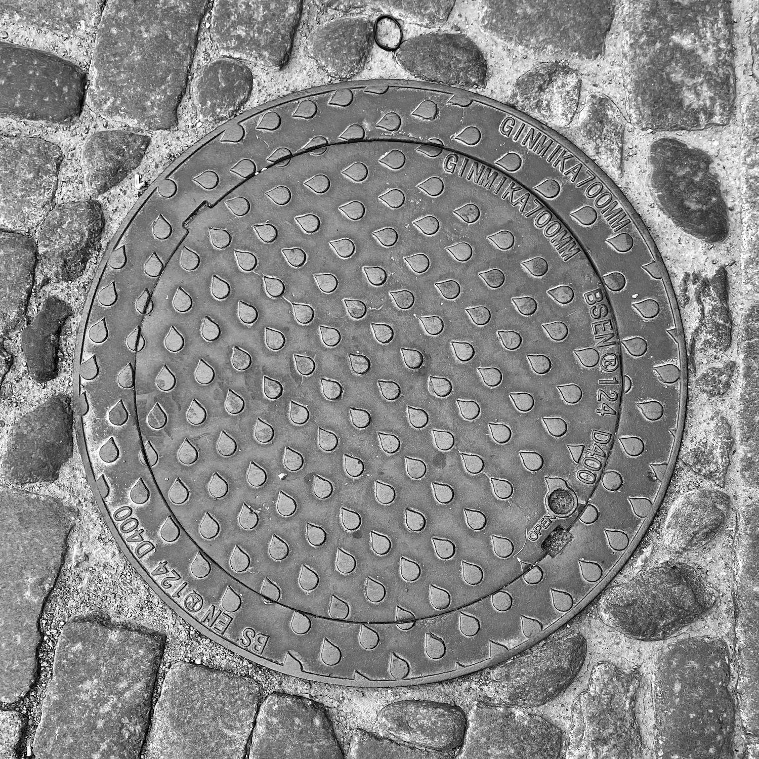black and white image of a utility cover