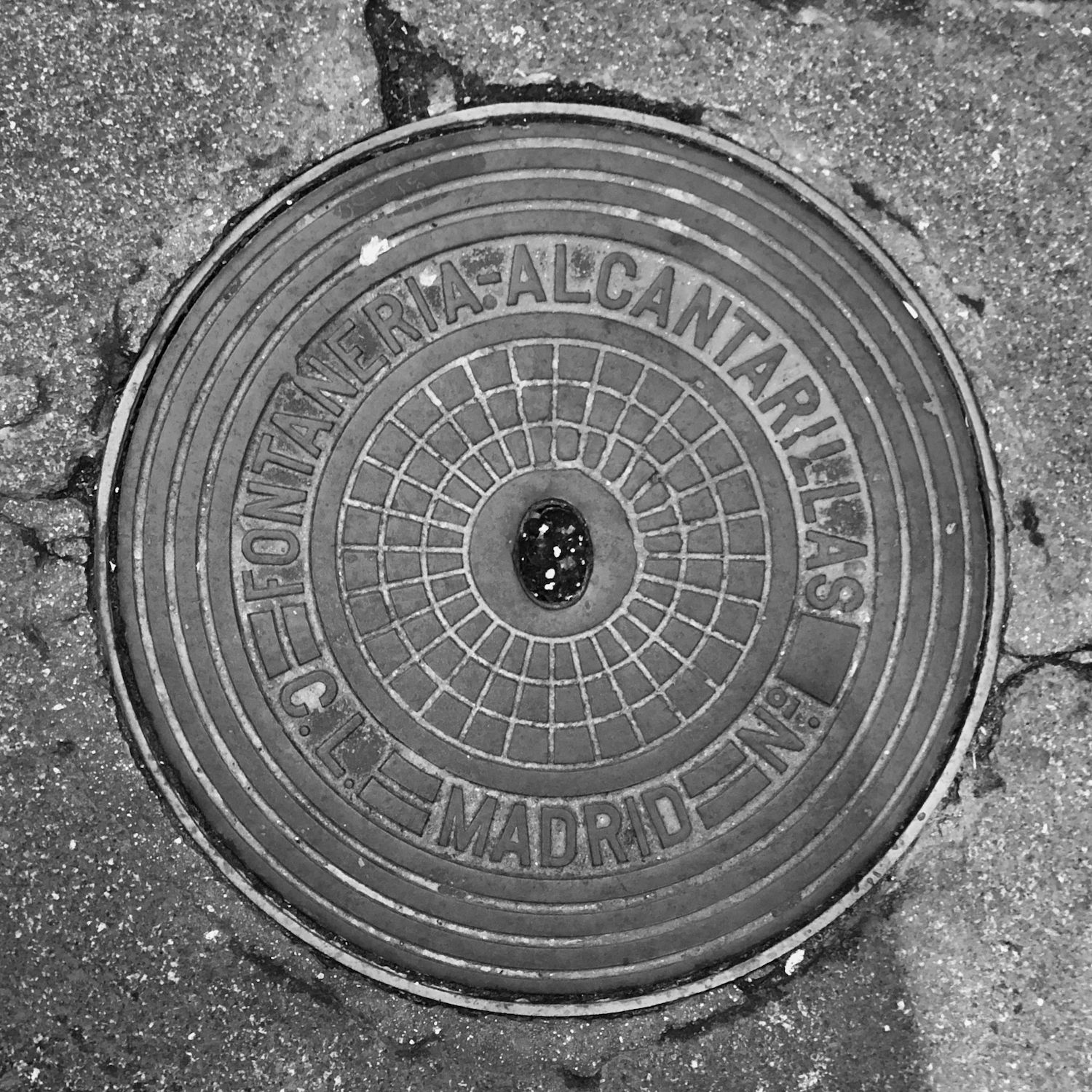 black and white image of a utility cover