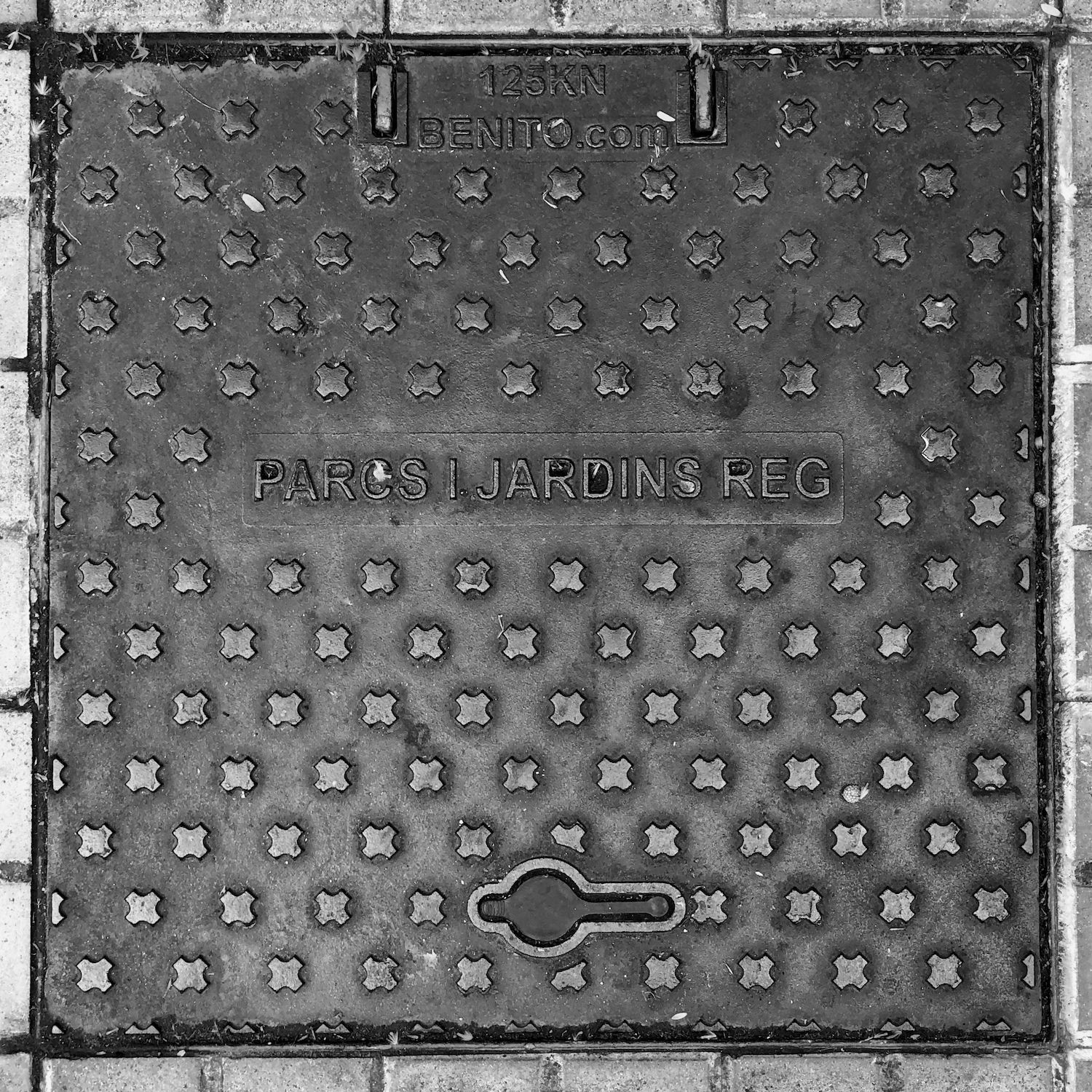 black and white image of a utility cover