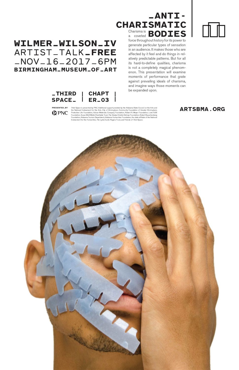 Poster featuring a person's face covered in teeth whitening strips, hand held against 
			the side of his face