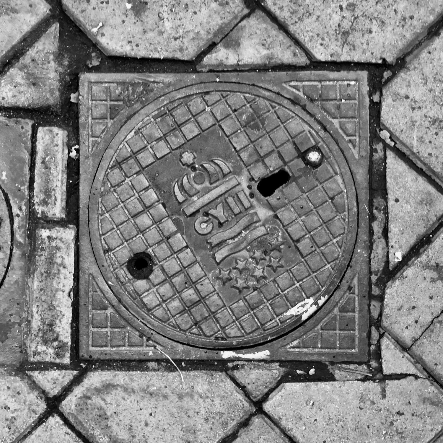 black and white image of a utility cover