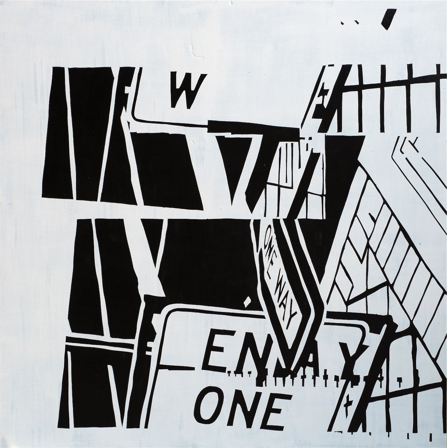 painting depicting a one way sign fallen over and fragmented in an abstract composition