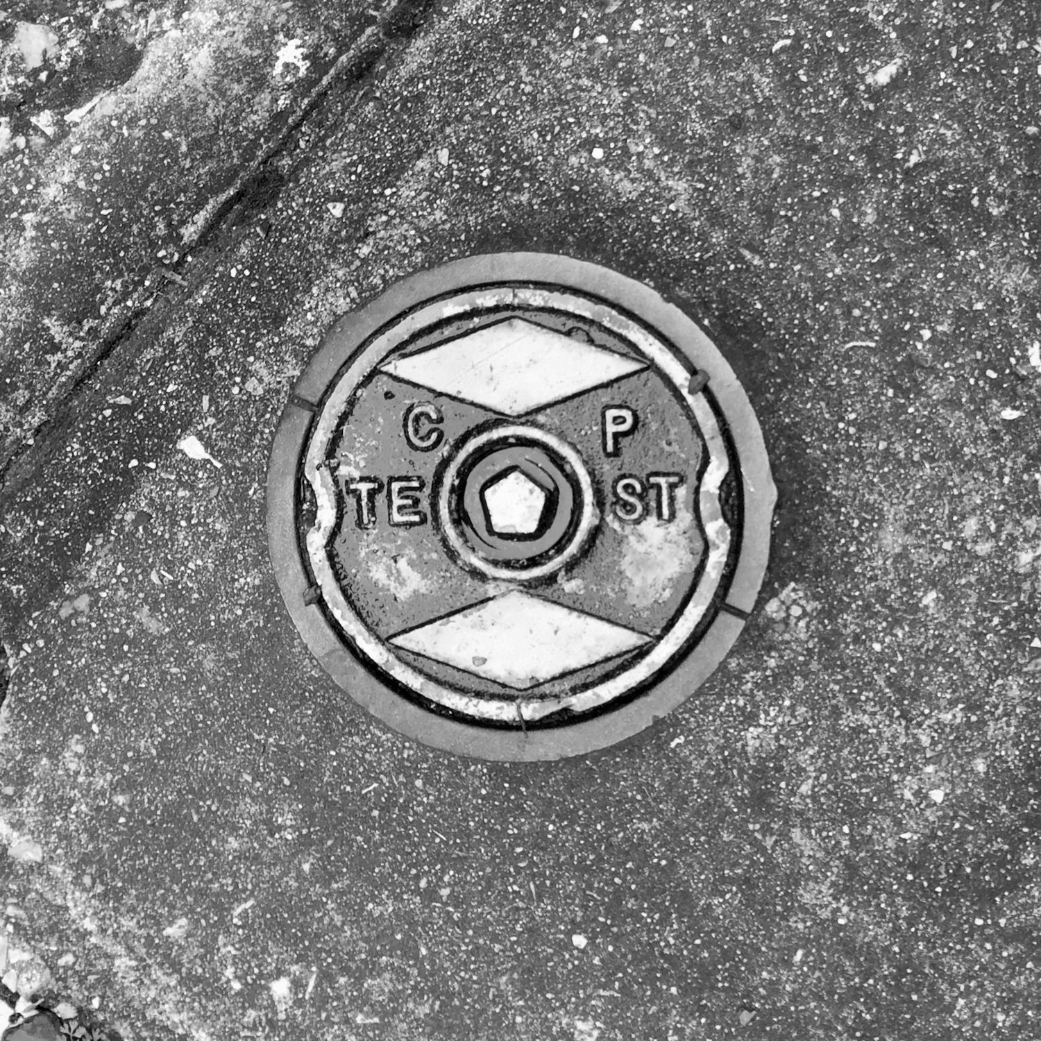 black and white image of a utility cover