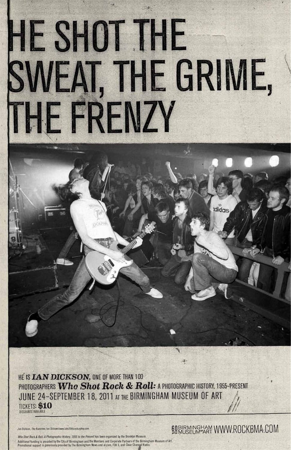 Poster depicting a punk rock band playing with exhibition text