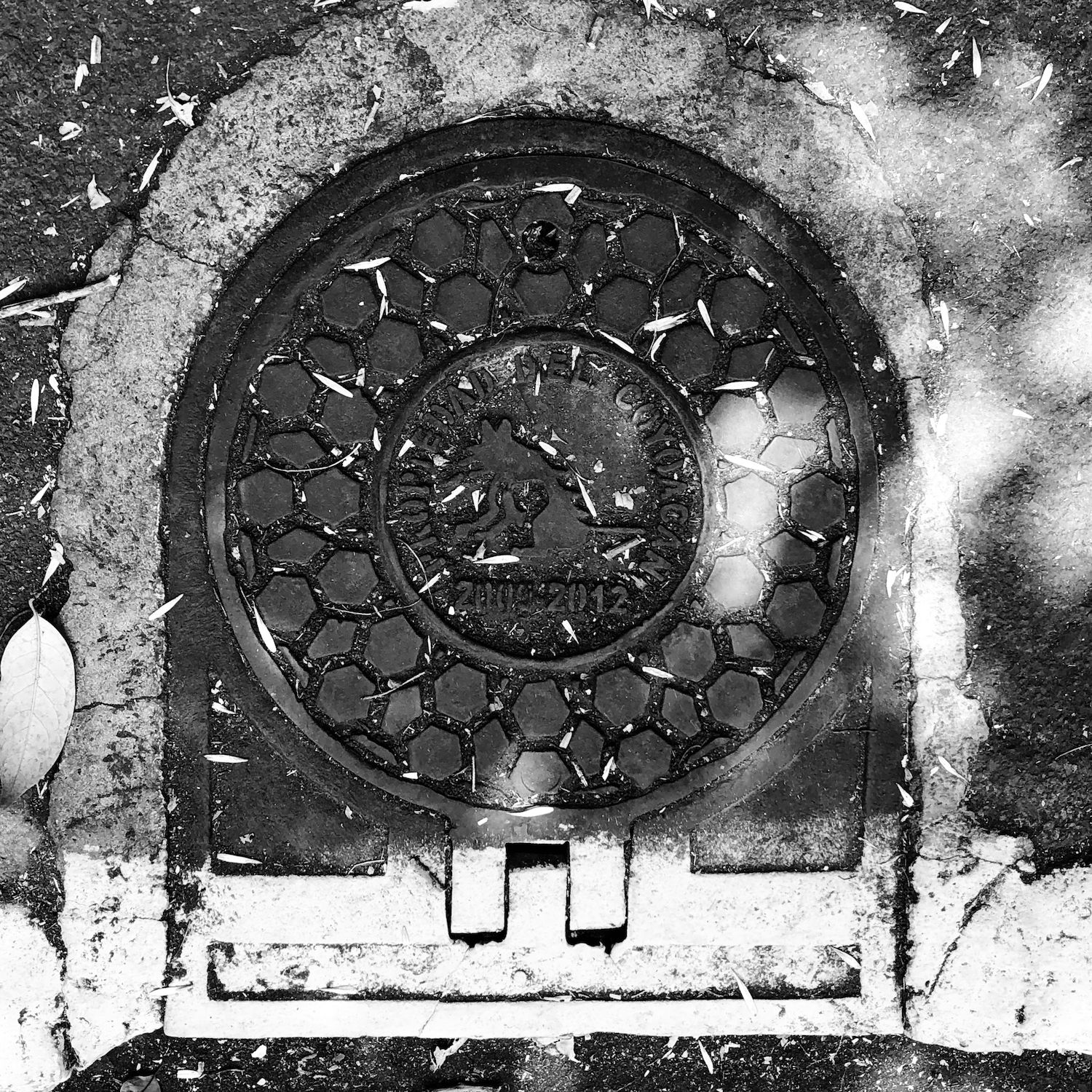 black and white image of a utility cover