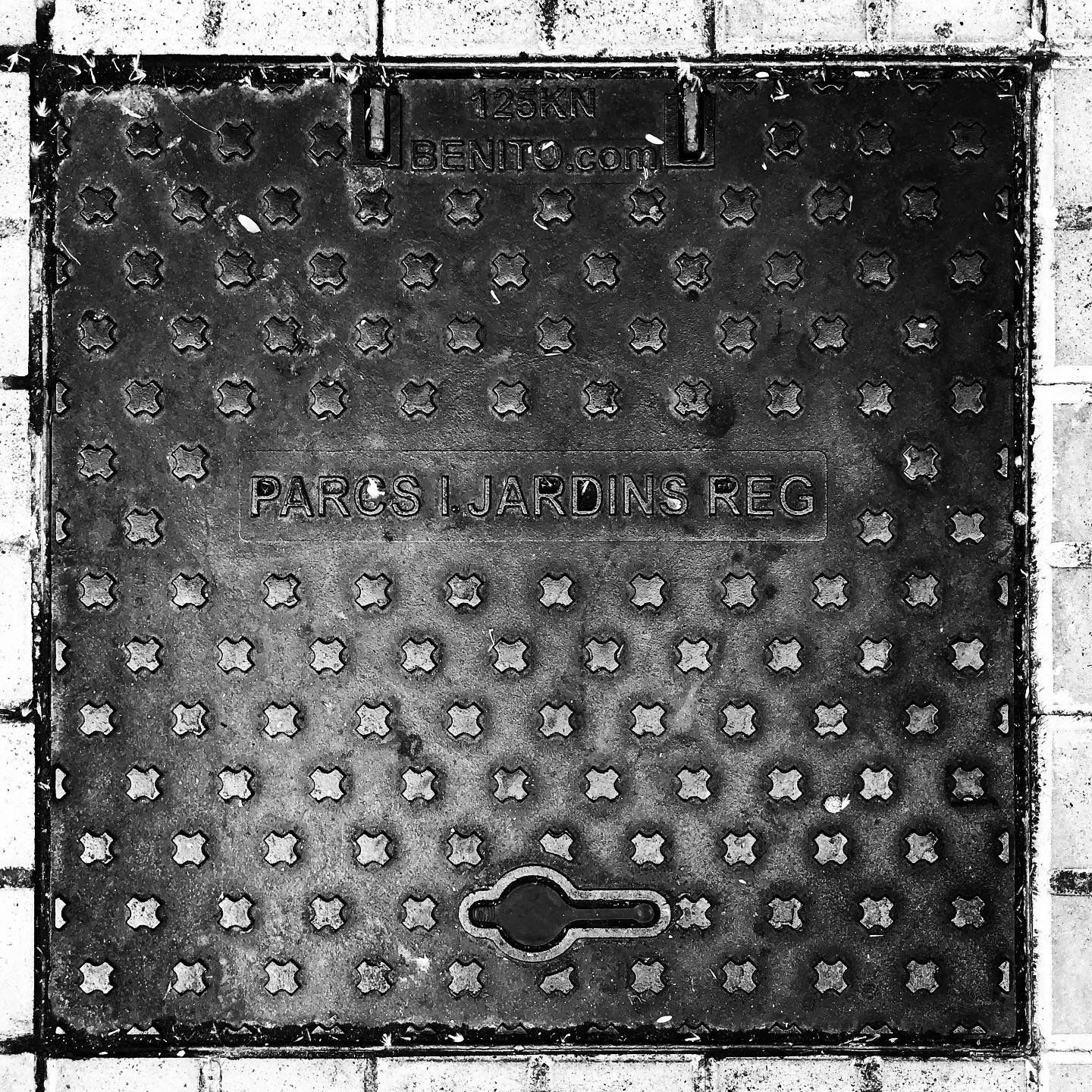 black and white image of a utility cover