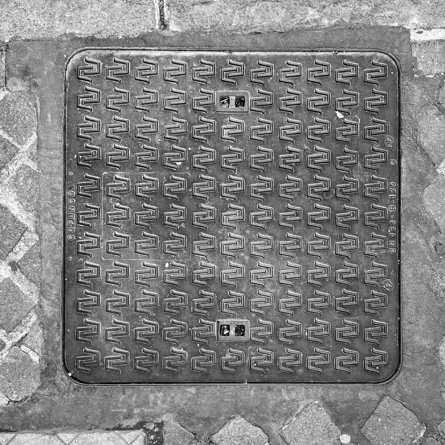 black and white image of a utility cover