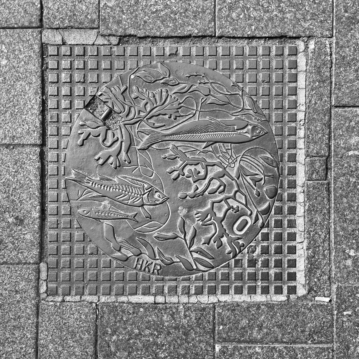 black and white image of a utility cover