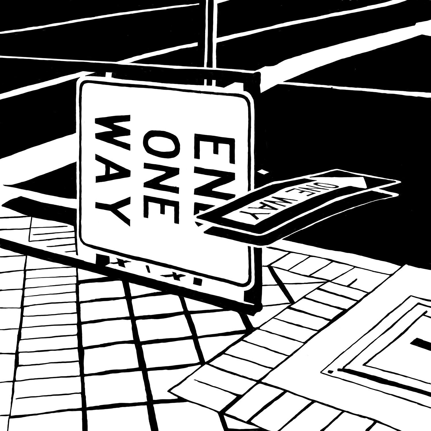 digital illustration depicting a one way sign fallen over