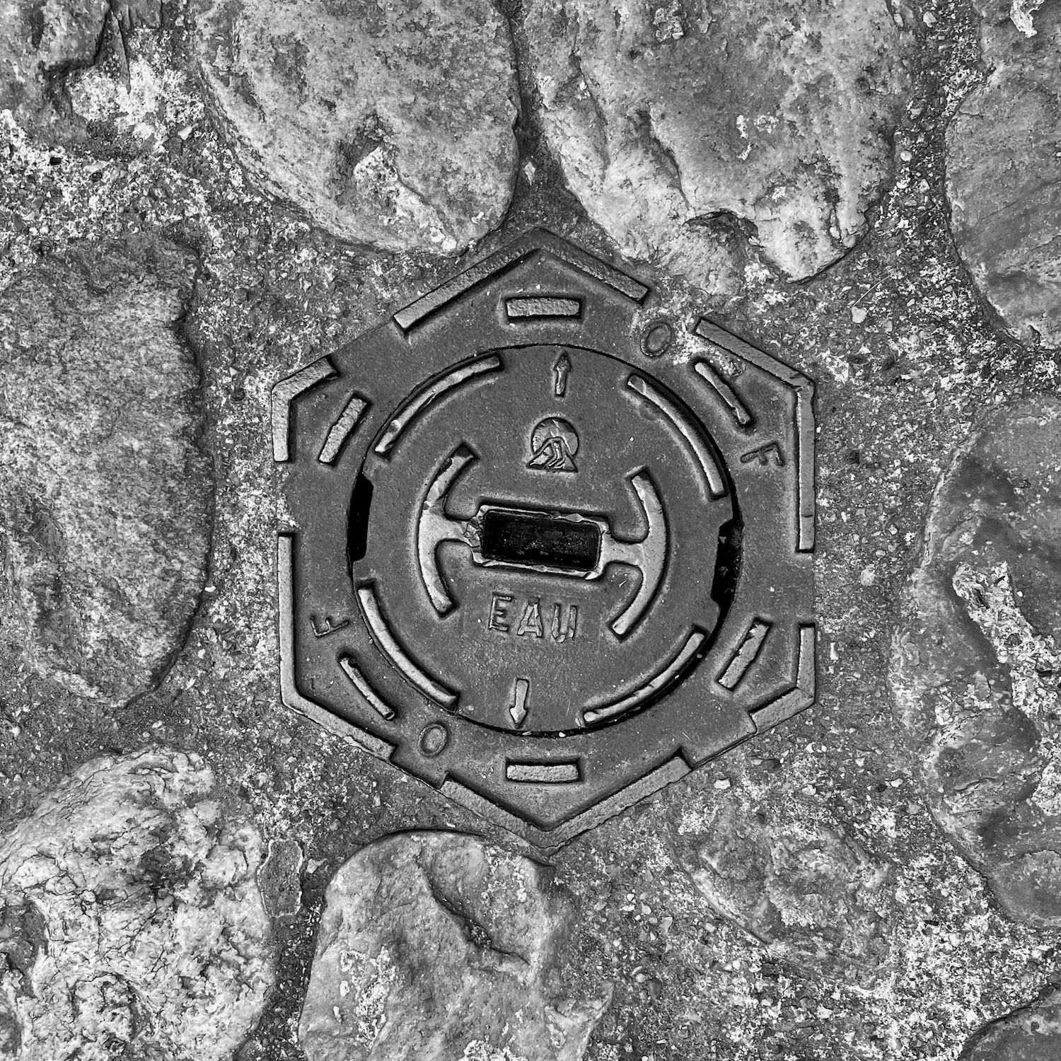 black and white image of a utility cover