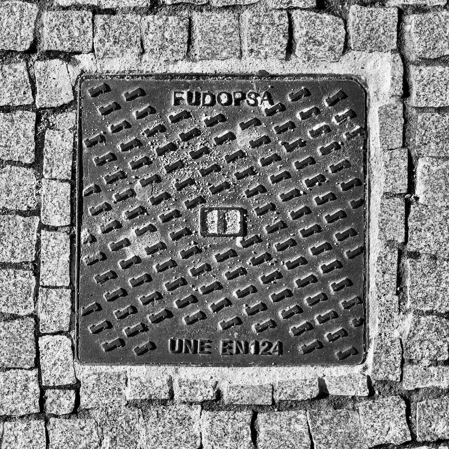 black and white image of a utility cover
