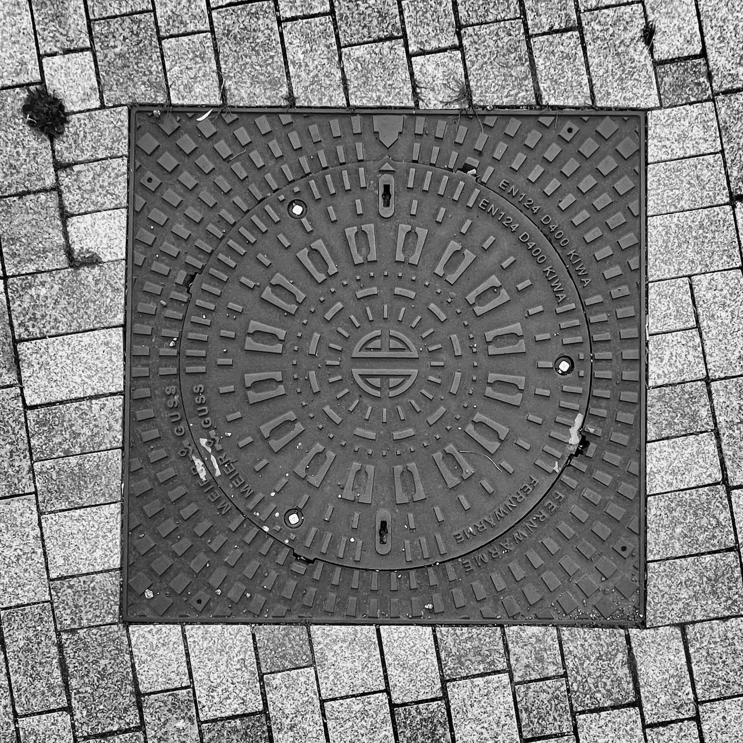 black and white image of a utility cover
