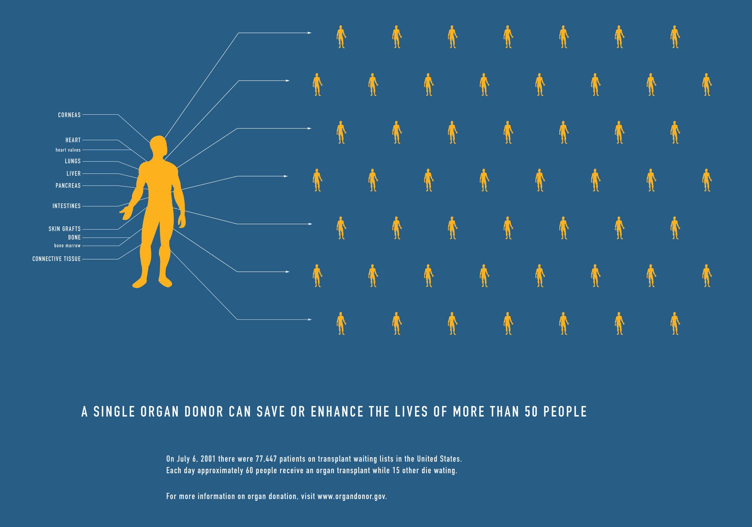 Poster with a diagram depicting a grid of tiny humans being helped by the organ donation of one large human