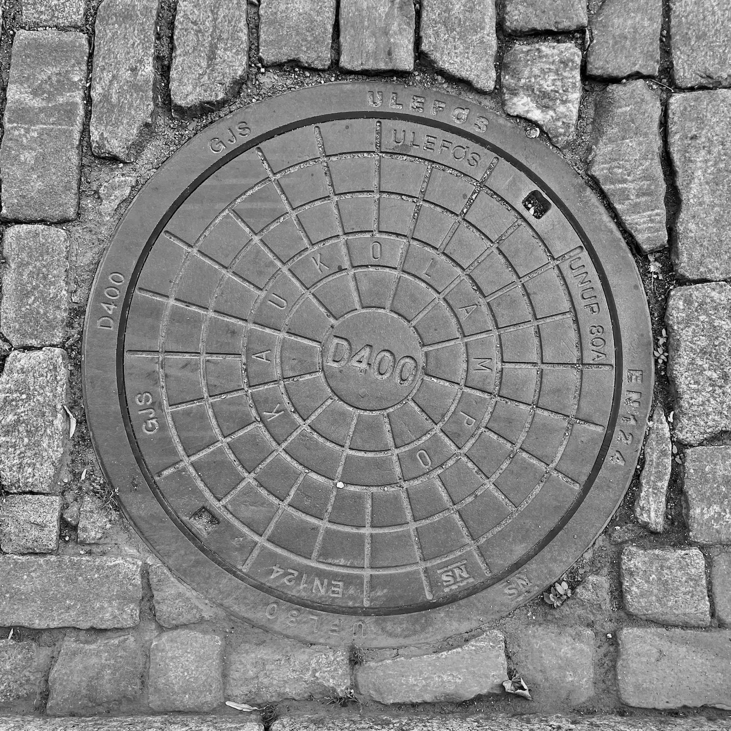 black and white image of a utility cover