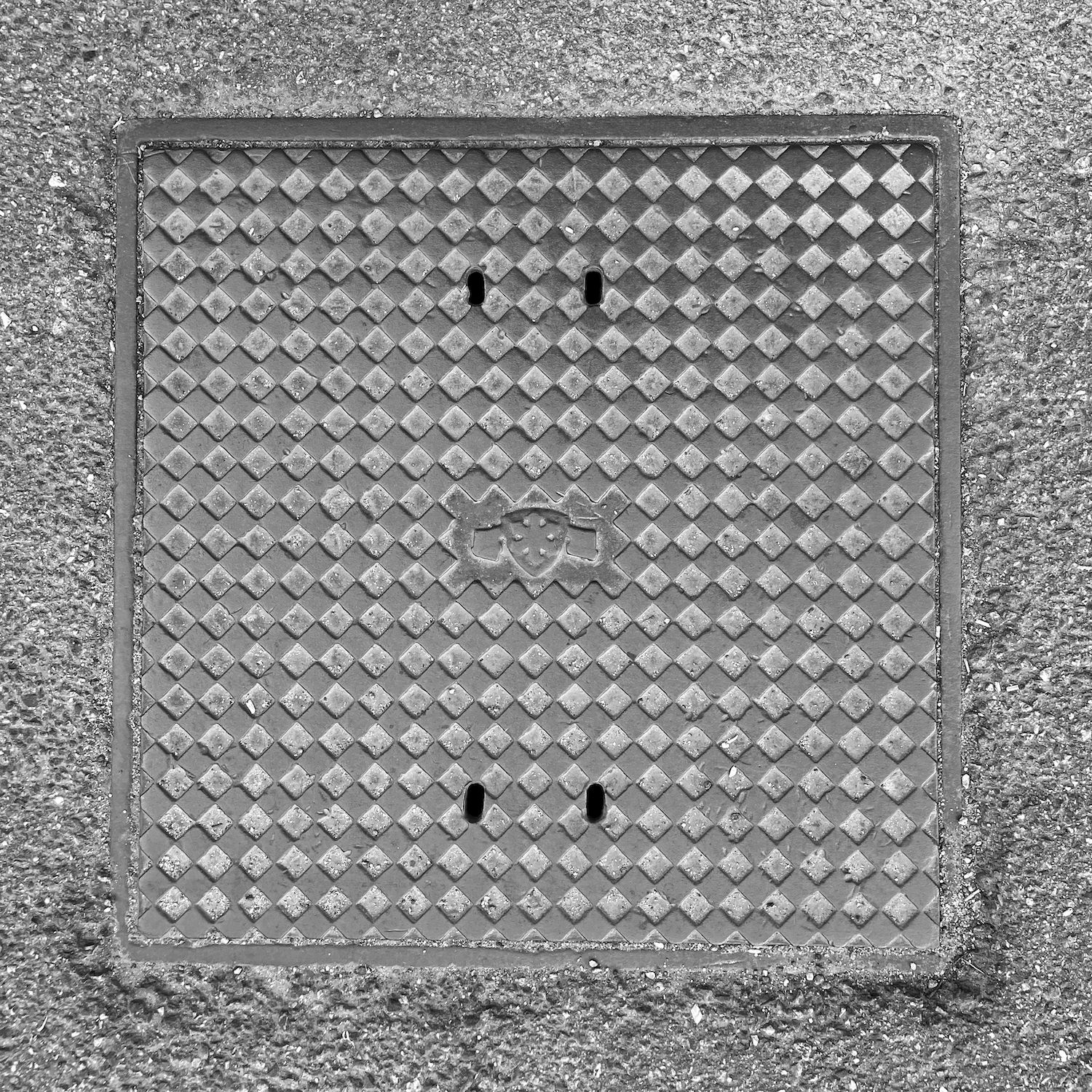 black and white image of a utility cover