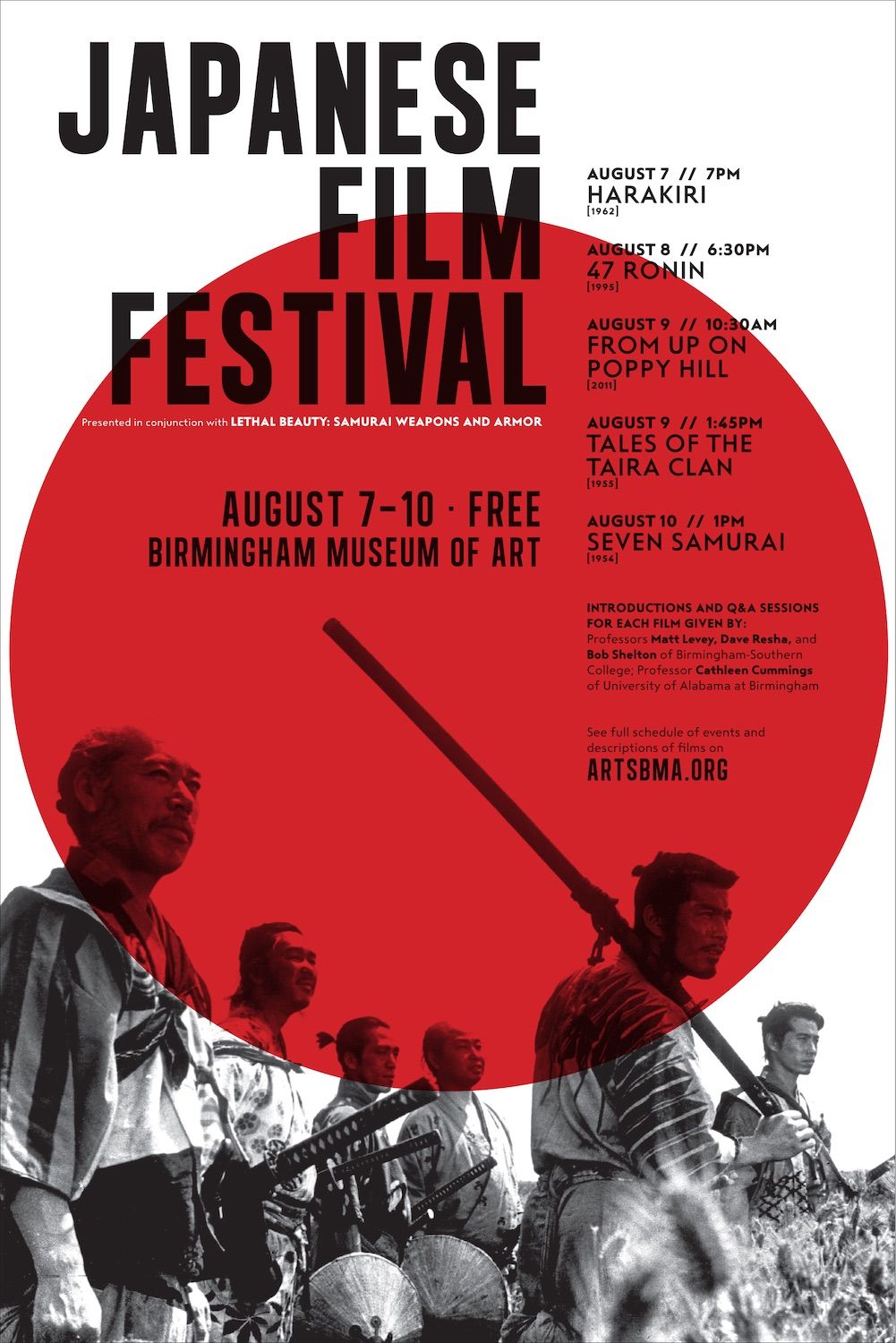 Poster with a film still of samurai in a field with an overlaid red circle