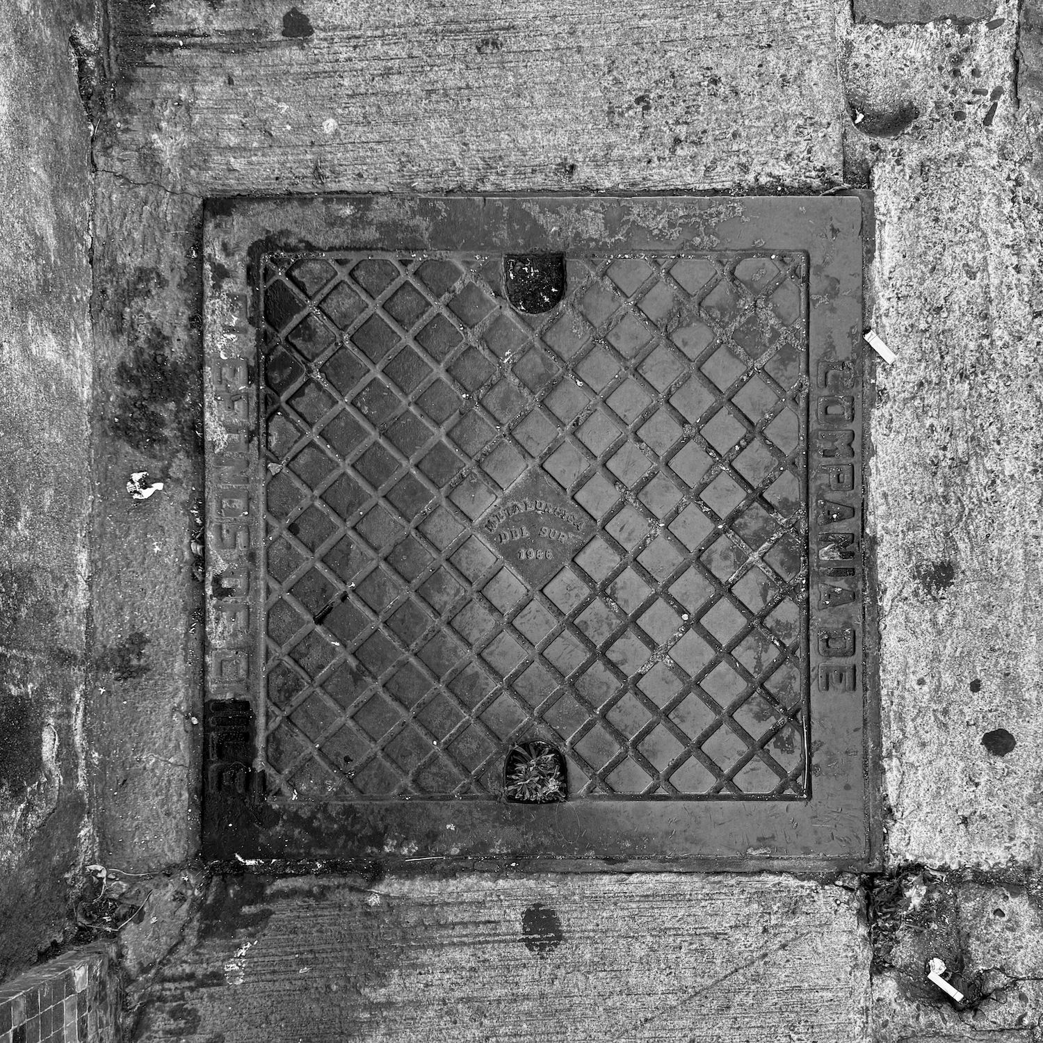 black and white image of a utility cover